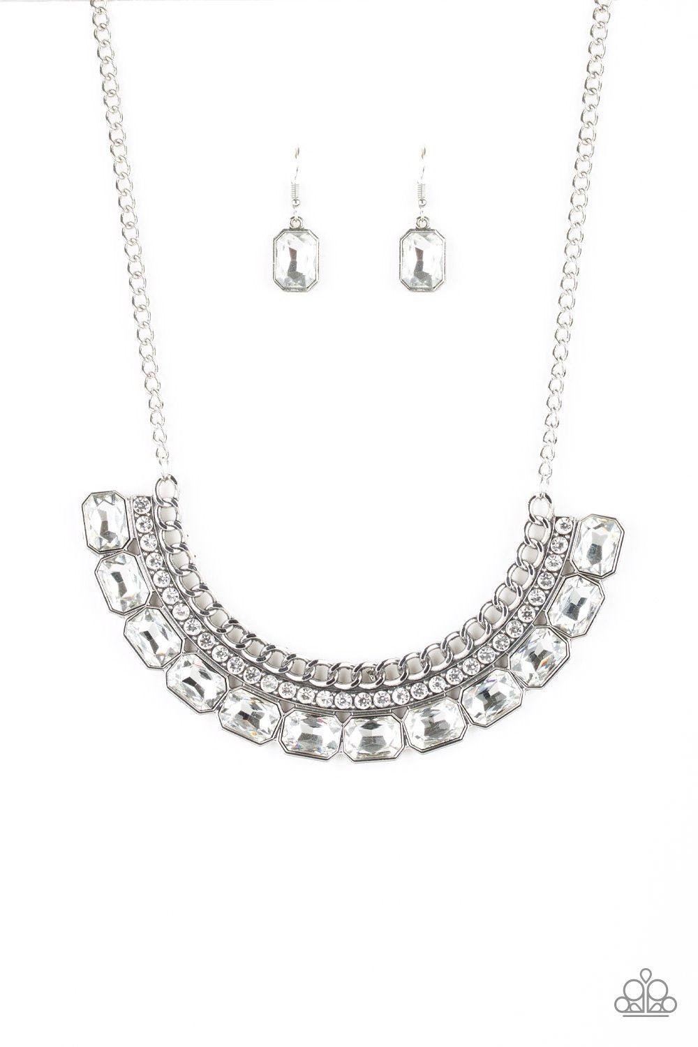 Killer Knockout White Rhinestone Necklace - Paparazzi Accessories - free matching earrings -CarasShop.com - Paparazzi Jewelry by Cara Jewels
