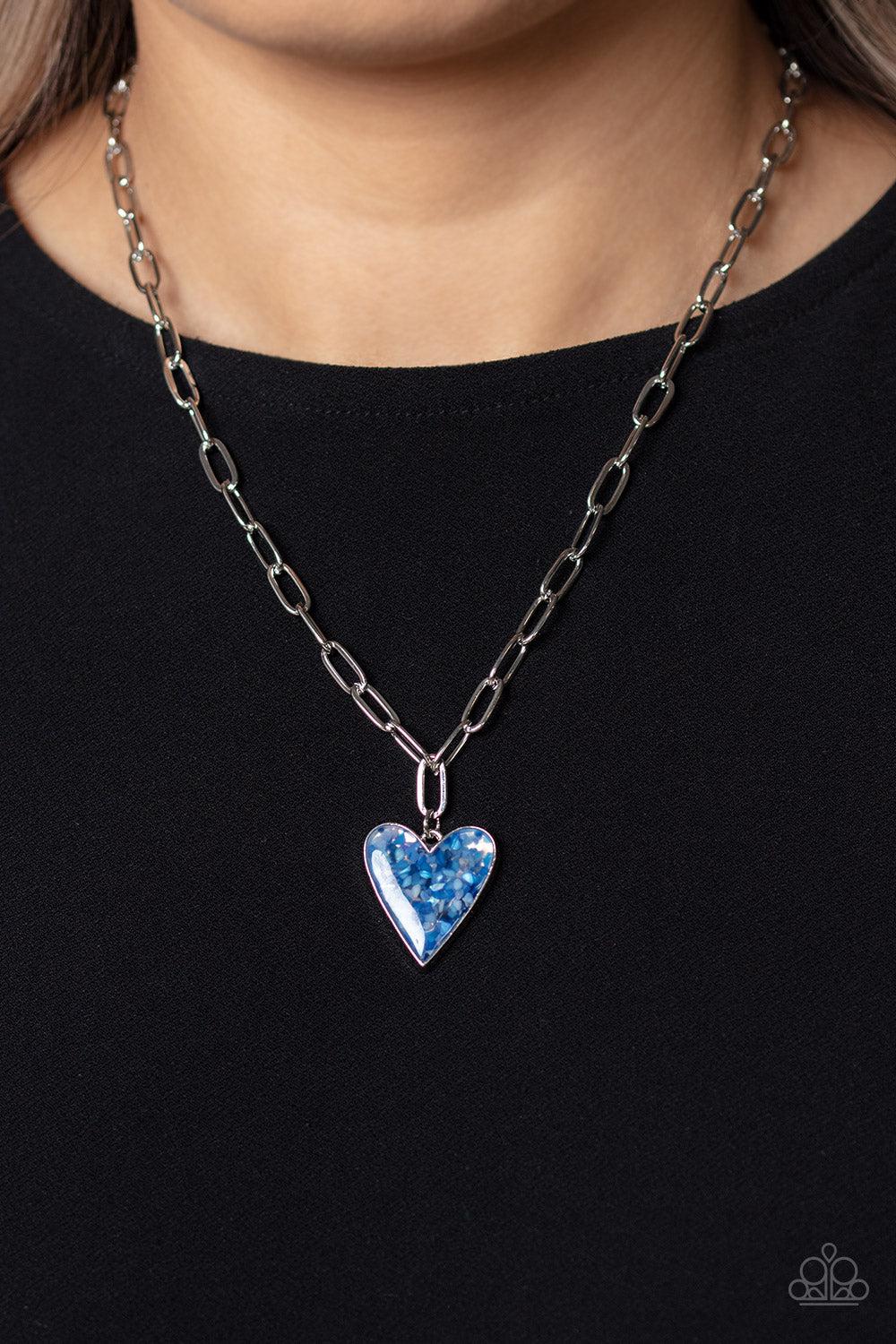 Kiss and SHELL Blue Heart Necklace - Paparazzi Accessories- on model - CarasShop.com - Paparazzi Jewelry by Cara Jewels
