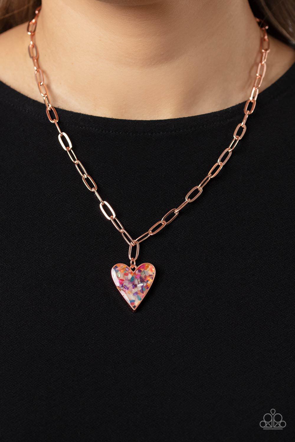 Kiss and SHELL Copper Heart Necklace - Paparazzi Accessories- on model - CarasShop.com - Paparazzi Jewelry by Cara Jewels