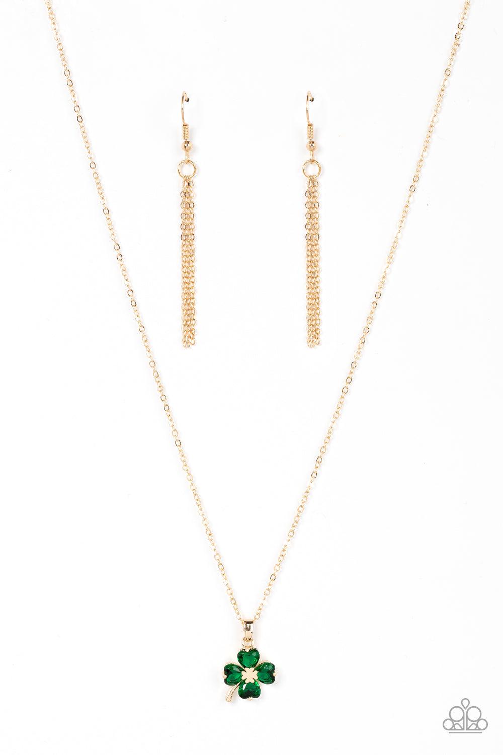 Kiss Me, Im Irish Gold and Green Shamrock Necklace - Paparazzi Accessories- lightbox - CarasShop.com - Paparazzi Jewelry by Cara Jewels