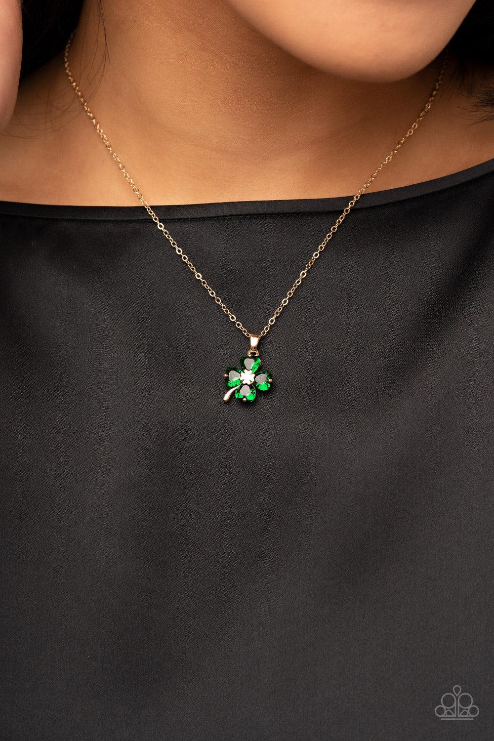 Kiss Me, Im Irish Gold and Green Shamrock Necklace - Paparazzi Accessories- on model - CarasShop.com - Paparazzi Jewelry by Cara Jewels