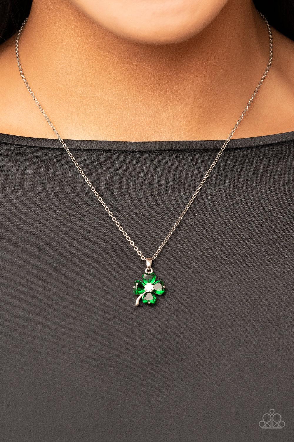 Kiss Me, I'm Irish Green Shamrock Necklace - Paparazzi Accessories- on model - CarasShop.com - Paparazzi Jewelry by Cara Jewels