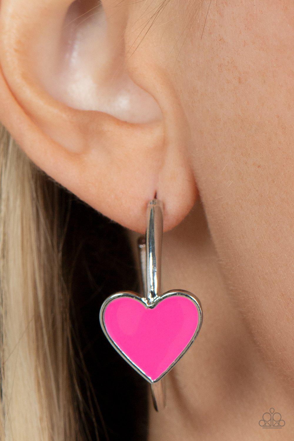 Kiss Up Pink Heart Hoop Earrings - Paparazzi Accessories- lightbox - CarasShop.com - Paparazzi Jewelry by Cara Jewels
