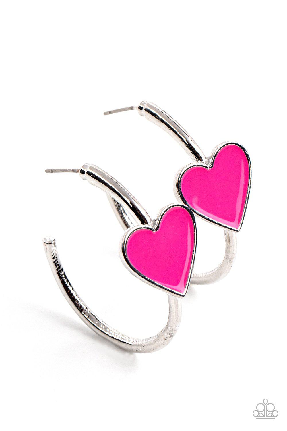 Kiss Up Pink Heart Hoop Earrings - Paparazzi Accessories- on model - CarasShop.com - Paparazzi Jewelry by Cara Jewels