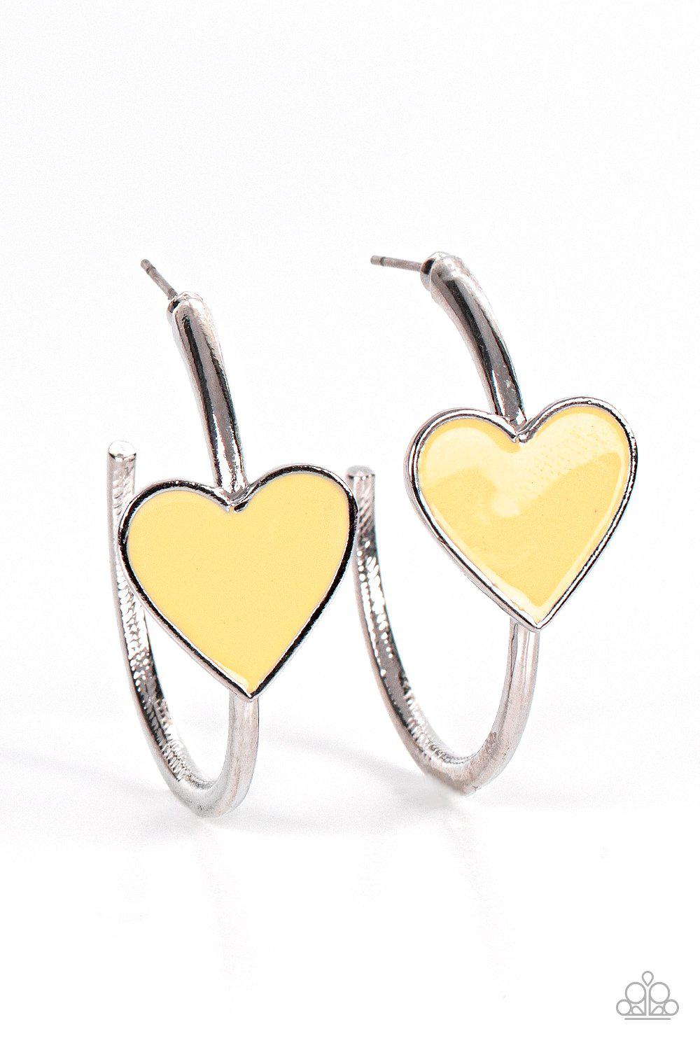 Kiss Up Yellow and Silver Heart Hoop Earrings - Paparazzi Accessories- lightbox - CarasShop.com - Paparazzi Jewelry by Cara Jewels