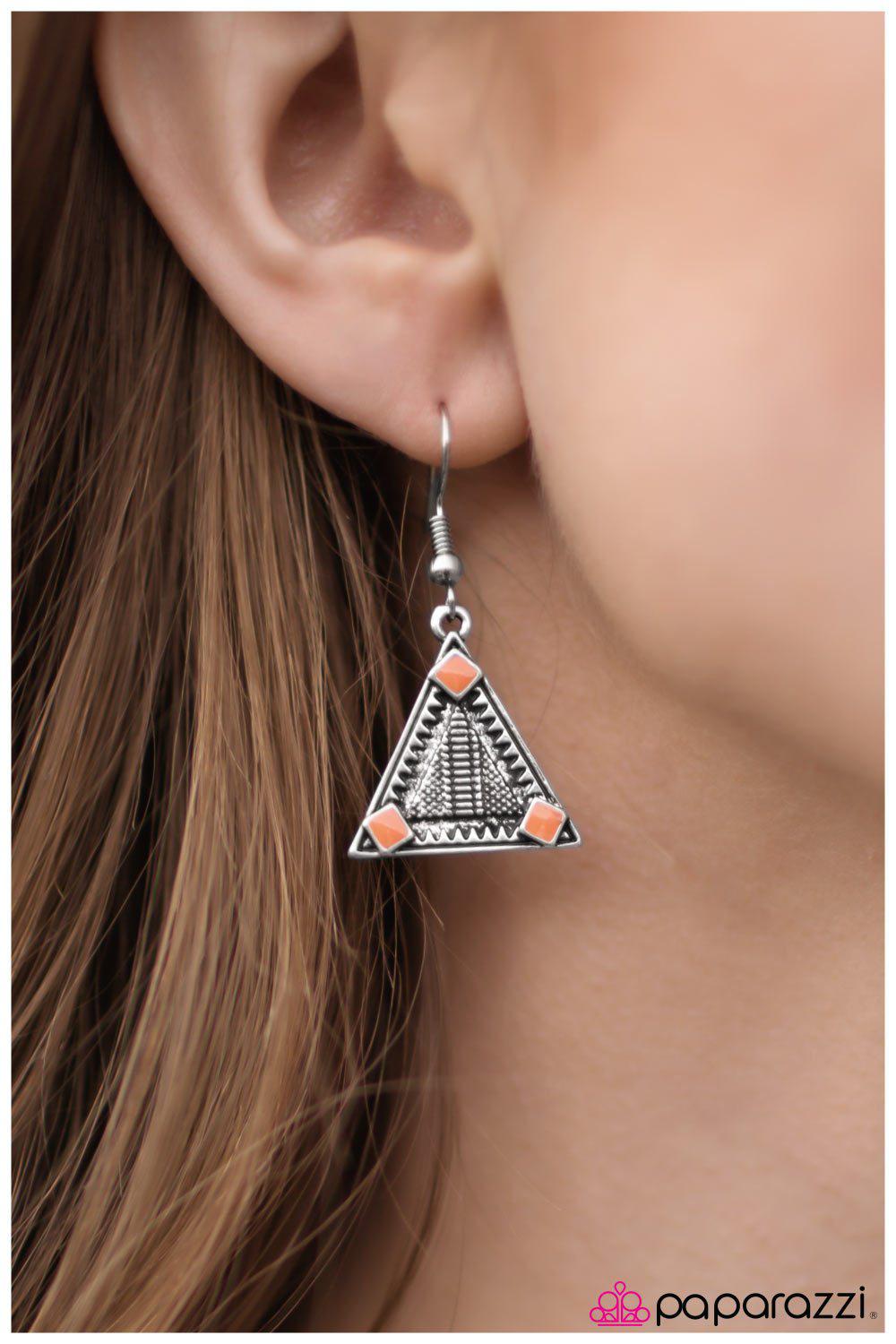 Knights Over Egypt Orange and Silver Earrings - Paparazzi Accessories- on model - CarasShop.com - Paparazzi Jewelry by Cara Jewels