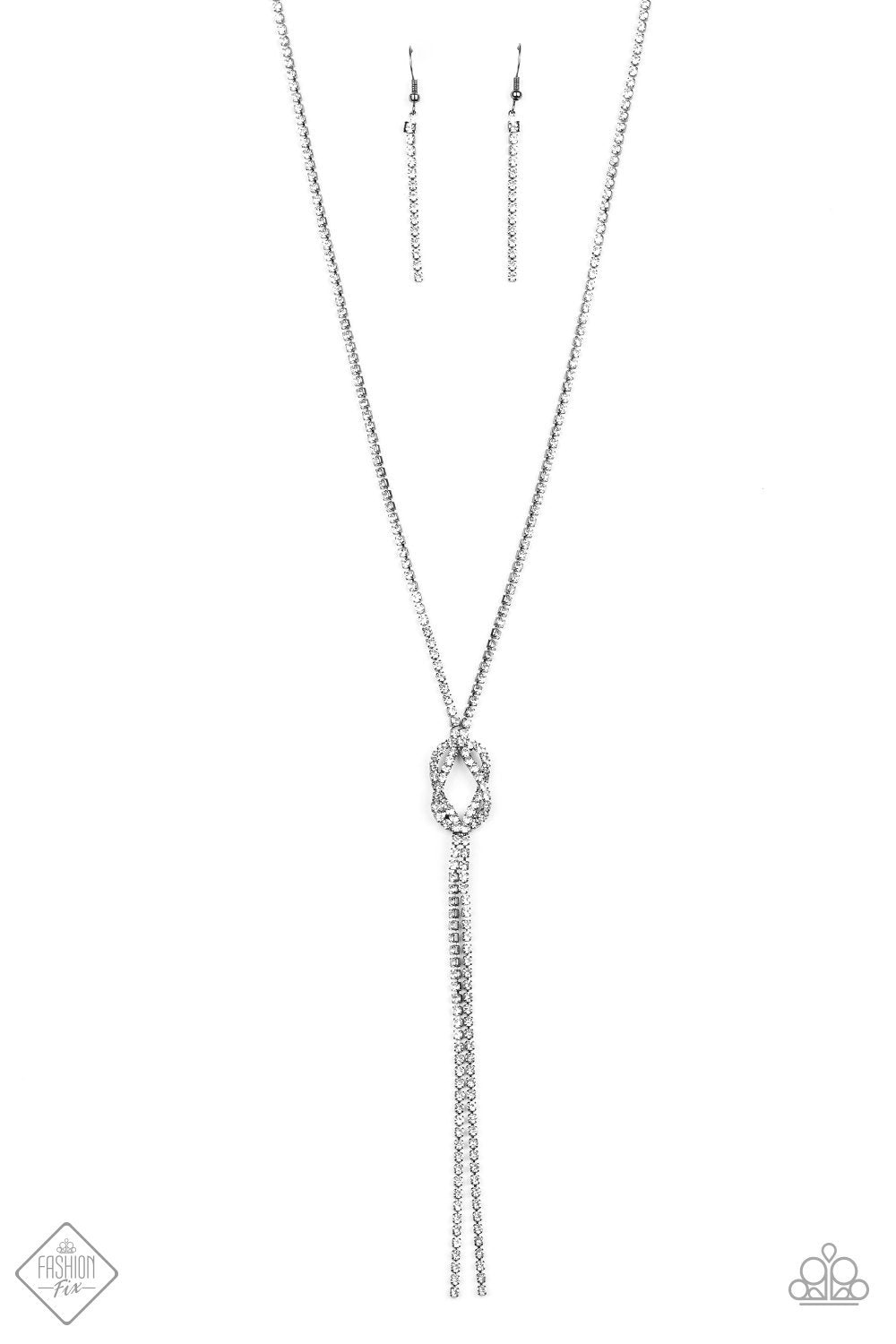 Knockout Knot Gunmetal Black and White Rhinestone Necklace - Paparazzi Accessories- on model - CarasShop.com - Paparazzi Jewelry by Cara Jewels