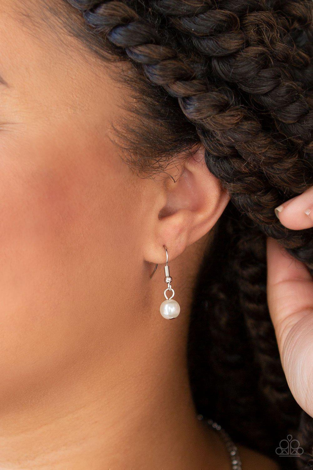 Knockout Queen White Pearl and Rhinestone Necklace EMP Exclusive - Paparazzi Accessories - free matching earrings -CarasShop.com - Paparazzi Jewelry by Cara Jewels