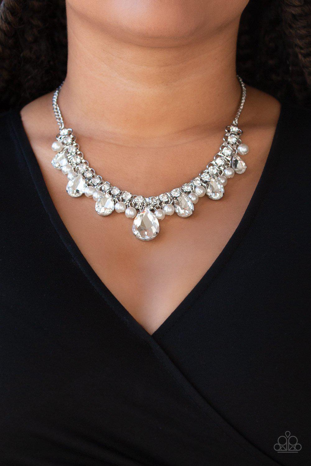 Knockout Queen White Pearl and Rhinestone Necklace EMP Exclusive - Paparazzi Accessories- on model - CarasShop.com - Paparazzi Jewelry by Cara Jewels