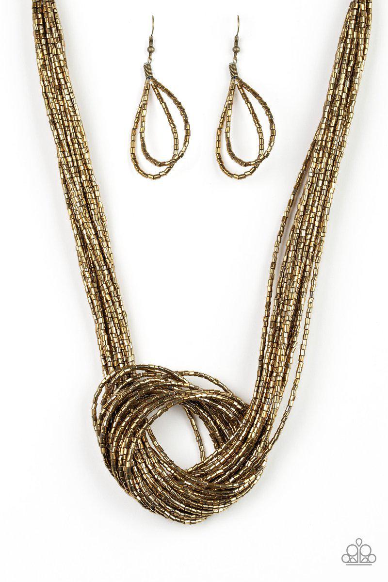 Knotted Knockout Brass Seed Bead Necklace - Paparazzi Accessories- lightbox - CarasShop.com - Paparazzi Jewelry by Cara Jewels