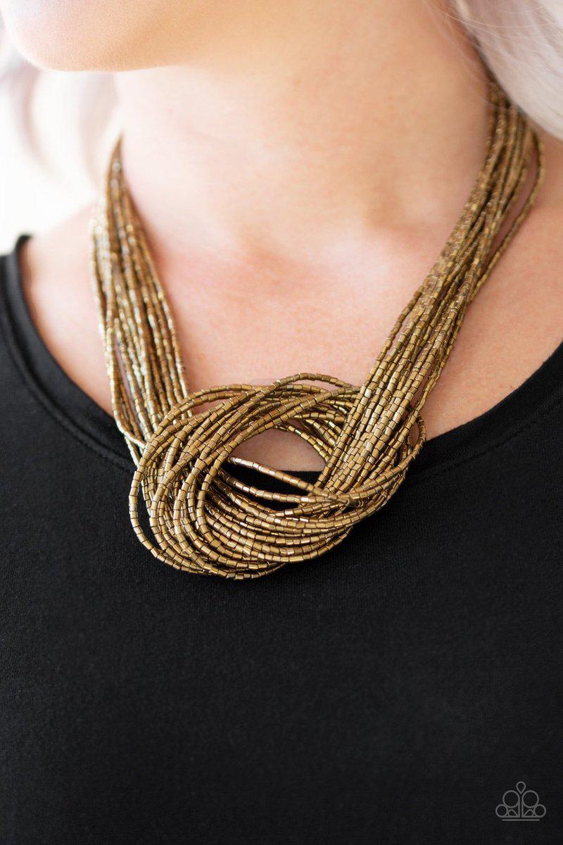 Knotted Knockout Brass Seed Bead Necklace - Paparazzi Accessories- on model - CarasShop.com - Paparazzi Jewelry by Cara Jewels
