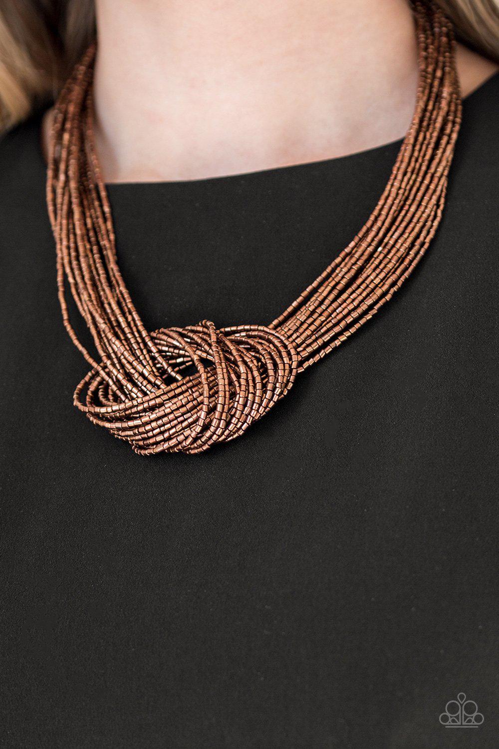 Knotted Knockout Copper Seed Bead Necklace - Paparazzi Accessories- on model - CarasShop.com - Paparazzi Jewelry by Cara Jewels