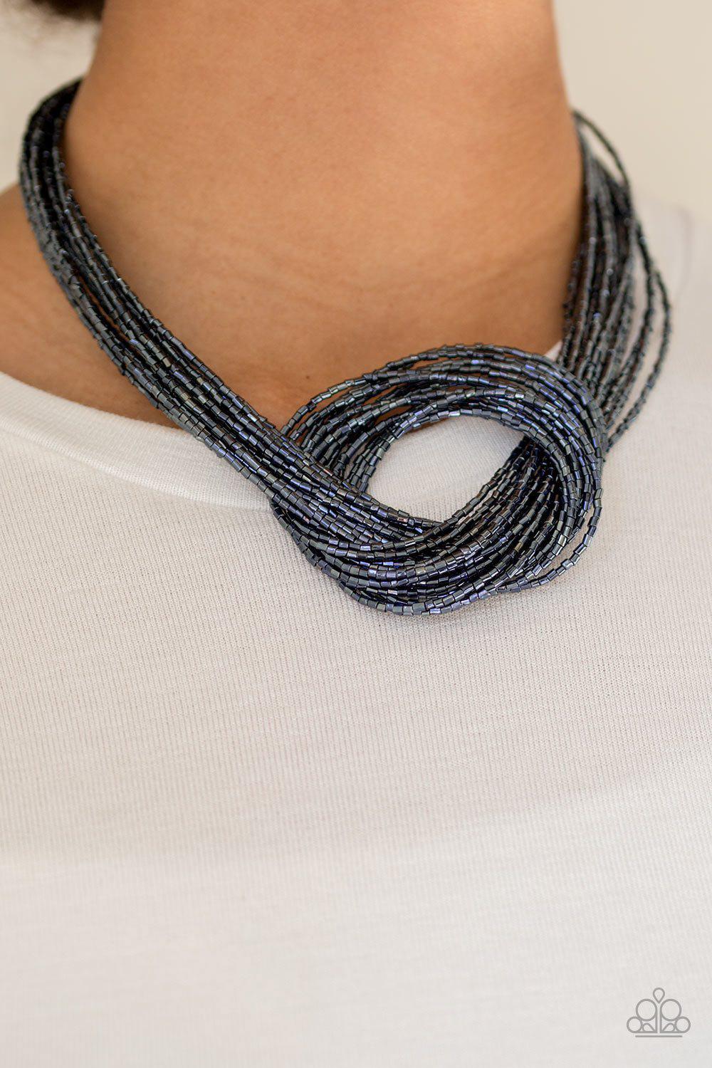 Knotted Knockout Metallic Blue Seed Bead Necklace and matching Earrings - Paparazzi Accessories- lightbox - CarasShop.com - Paparazzi Jewelry by Cara Jewels