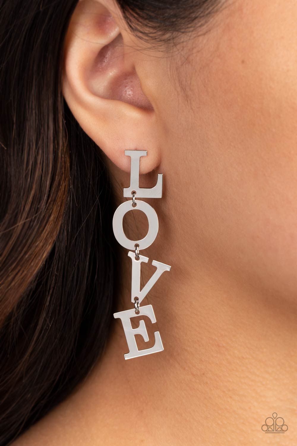 L-O-V-E Silver Earrings - Paparazzi Accessories- on model - CarasShop.com - Paparazzi Jewelry by Cara Jewels