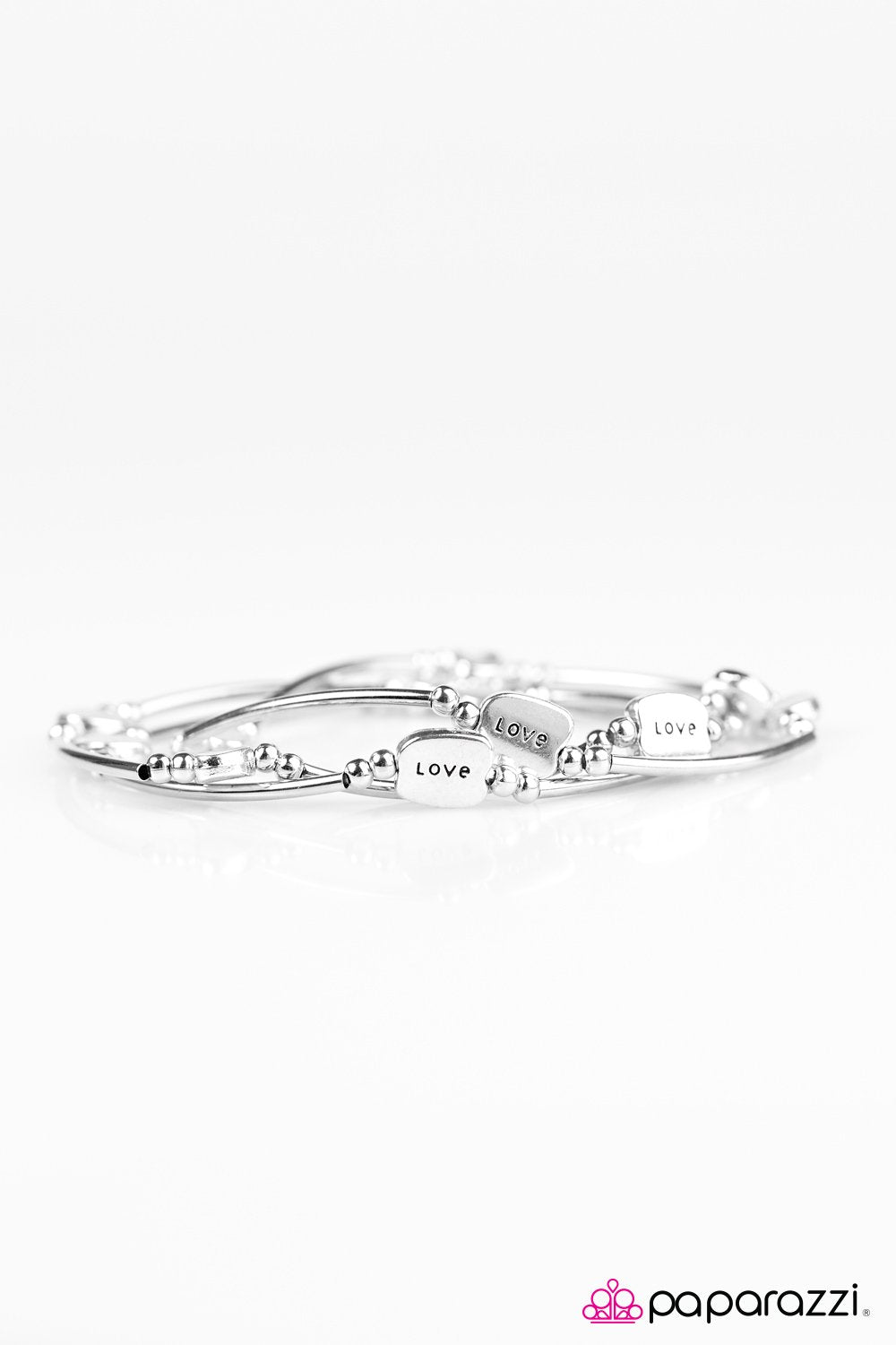 Labor of Love Silver Stretch Bracelet Set - Paparazzi Accessories- on model - CarasShop.com - Paparazzi Jewelry by Cara Jewels