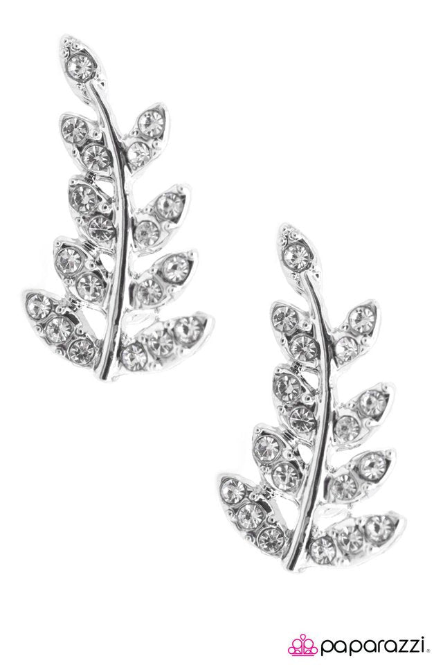 Lady Bountiful White Rhinestone Leaf Earrings - Paparazzi Accessories- lightbox - CarasShop.com - Paparazzi Jewelry by Cara Jewels
