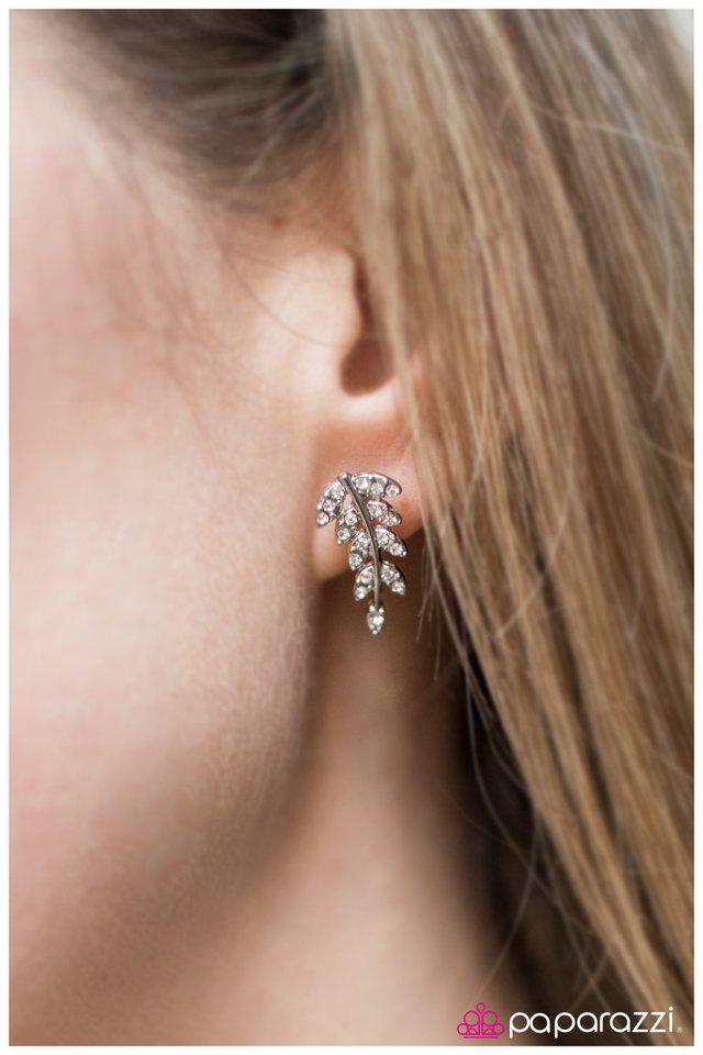 Lady Bountiful White Rhinestone Leaf Earrings - Paparazzi Accessories- on model - CarasShop.com - Paparazzi Jewelry by Cara Jewels