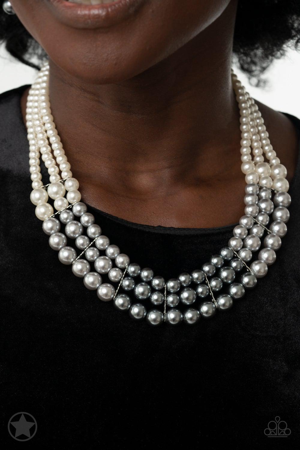 Lady in Waiting White and Silver Pearl Necklace and matching Earrings - Paparazzi Accessories- lightbox - CarasShop.com - Paparazzi Jewelry by Cara Jewels