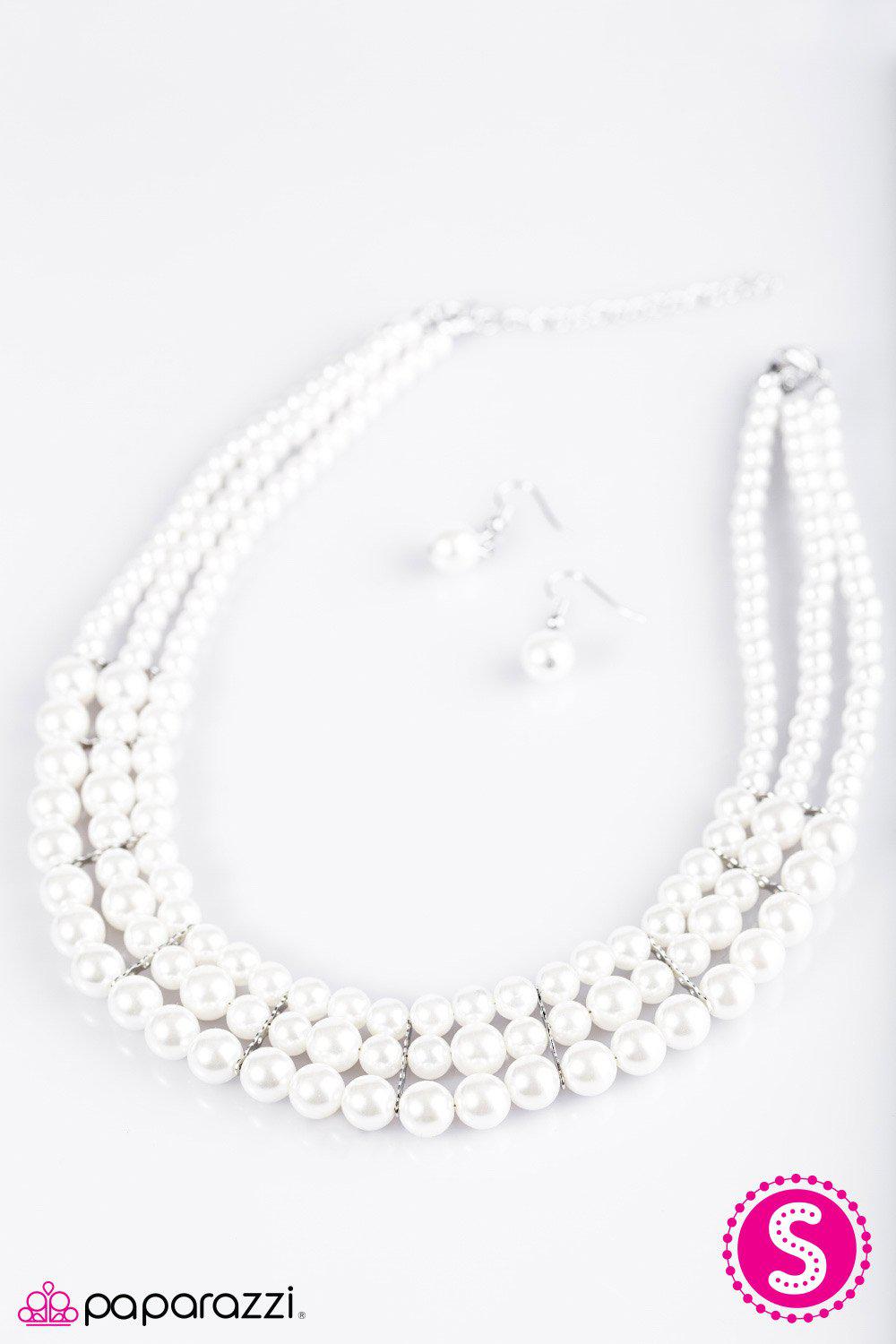 Lady in Waiting White Pearl Necklace and matching Earrings - Paparazzi Accessories - free matching earrings -CarasShop.com - Paparazzi Jewelry by Cara Jewels