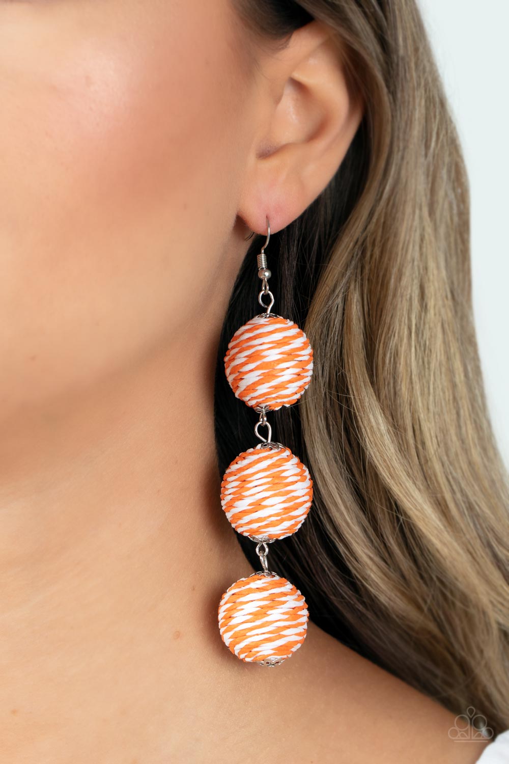 Laguna Lanterns Orange Earrings - Paparazzi Accessories- on model - CarasShop.com - Paparazzi Jewelry by Cara Jewels