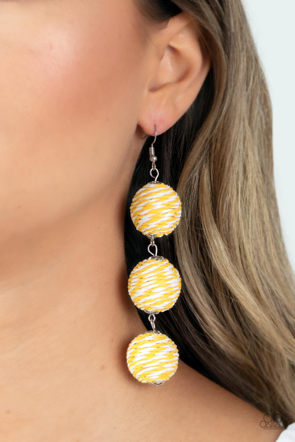 Laguna Lanterns Yellow Earrings - Paparazzi Accessories- on model - CarasShop.com - Paparazzi Jewelry by Cara Jewels