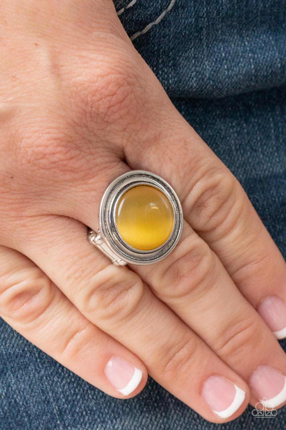 Laguna Luminosity Yellow Cat's Eye Stone Ring - Paparazzi Accessories- on model - CarasShop.com - Paparazzi Jewelry by Cara Jewels