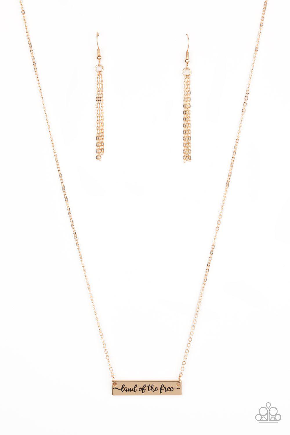 Land Of The Free Gold Inspirational Necklace - Paparazzi Accessories- lightbox - CarasShop.com - Paparazzi Jewelry by Cara Jewels