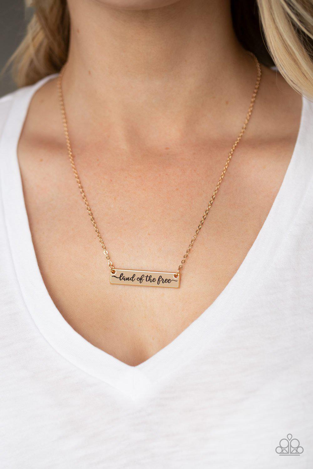 Land Of The Free Gold Inspirational Necklace - Paparazzi Accessories- lightbox - CarasShop.com - Paparazzi Jewelry by Cara Jewels