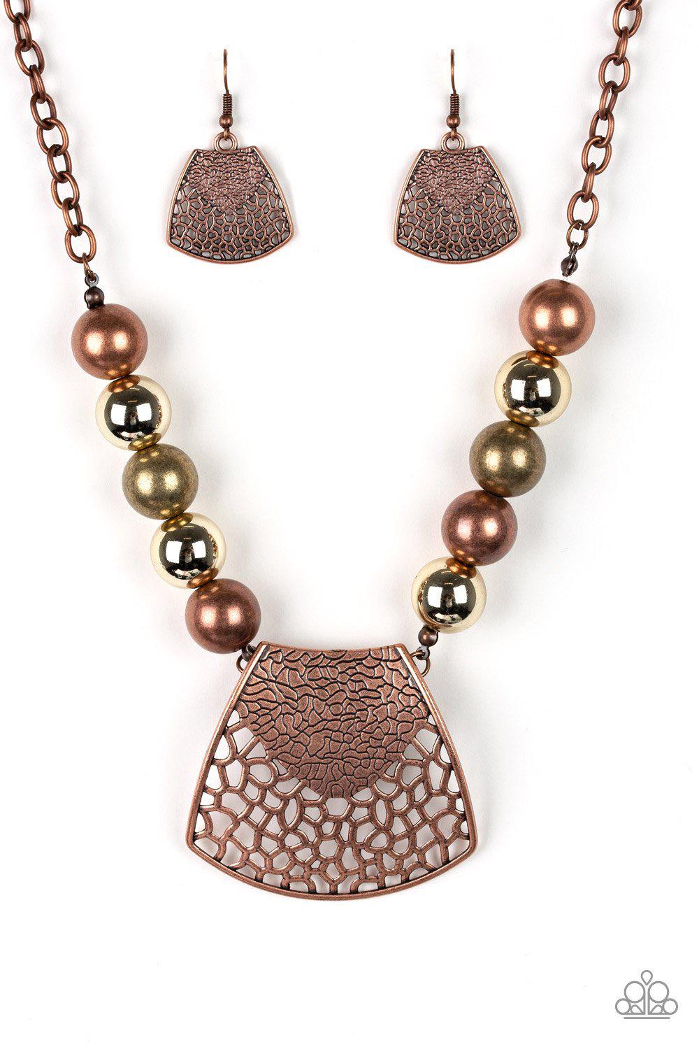 Large and In Charge Multi Copper and Brass Necklace - Paparazzi Accessories - free matching earrings -CarasShop.com - Paparazzi Jewelry by Cara Jewels