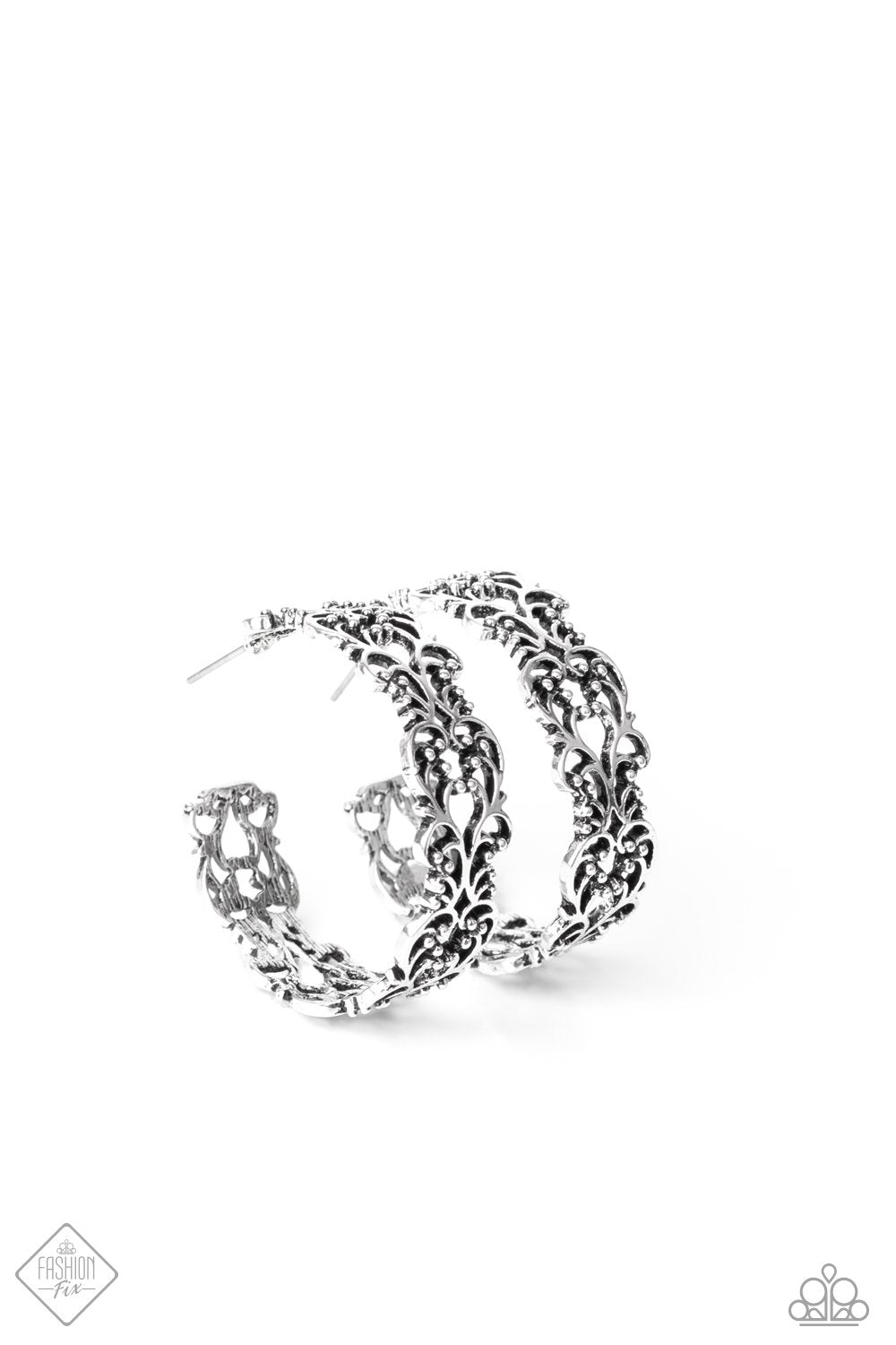 Laurel Wreaths Silver Filigree Hoop Earrings - Paparazzi Accessories- lightbox - CarasShop.com - Paparazzi Jewelry by Cara Jewels