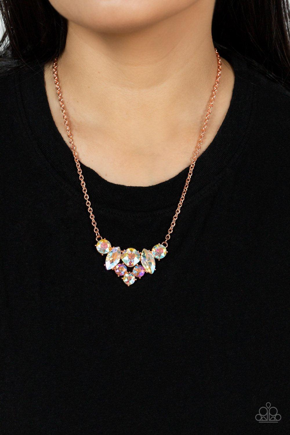 Lavishly Loaded Copper and Iridescent Rhinestone Necklace - Paparazzi Accessories- on model - CarasShop.com - Paparazzi Jewelry by Cara Jewels