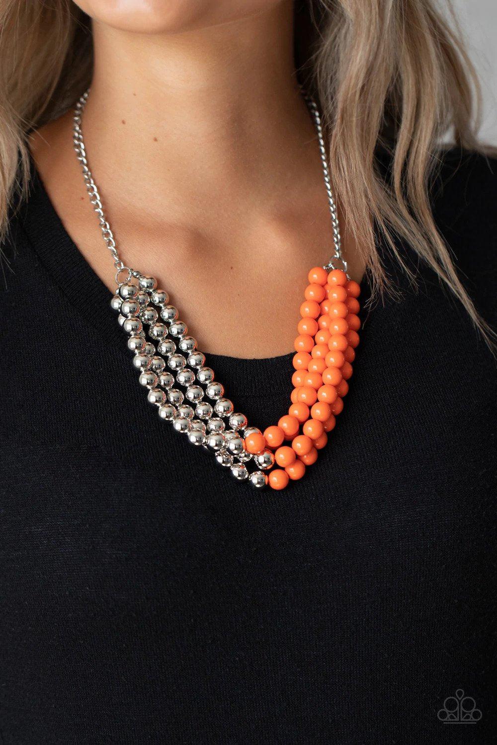 Layer After Layer Orange and Silver Necklace - Paparazzi Accessories- on model - CarasShop.com - Paparazzi Jewelry by Cara Jewels