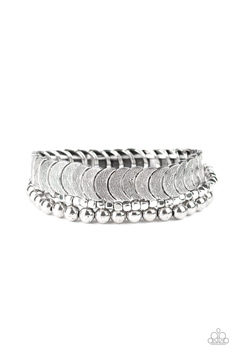 LAYER It On Me Silver Stretch Bracelet Set - Paparazzi Accessories- lightbox - CarasShop.com - Paparazzi Jewelry by Cara Jewels