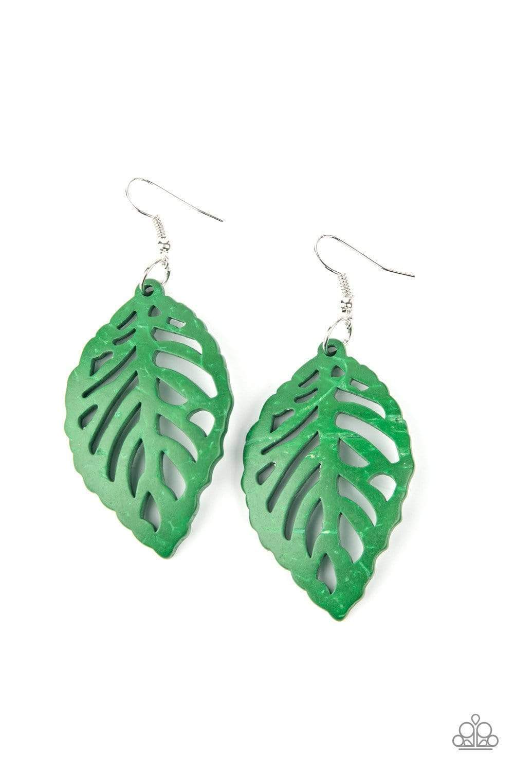 LEAF 'Em Hanging Green Wood Leaf Earrings - Paparazzi Accessories- lightbox - CarasShop.com - Paparazzi Jewelry by Cara Jewels