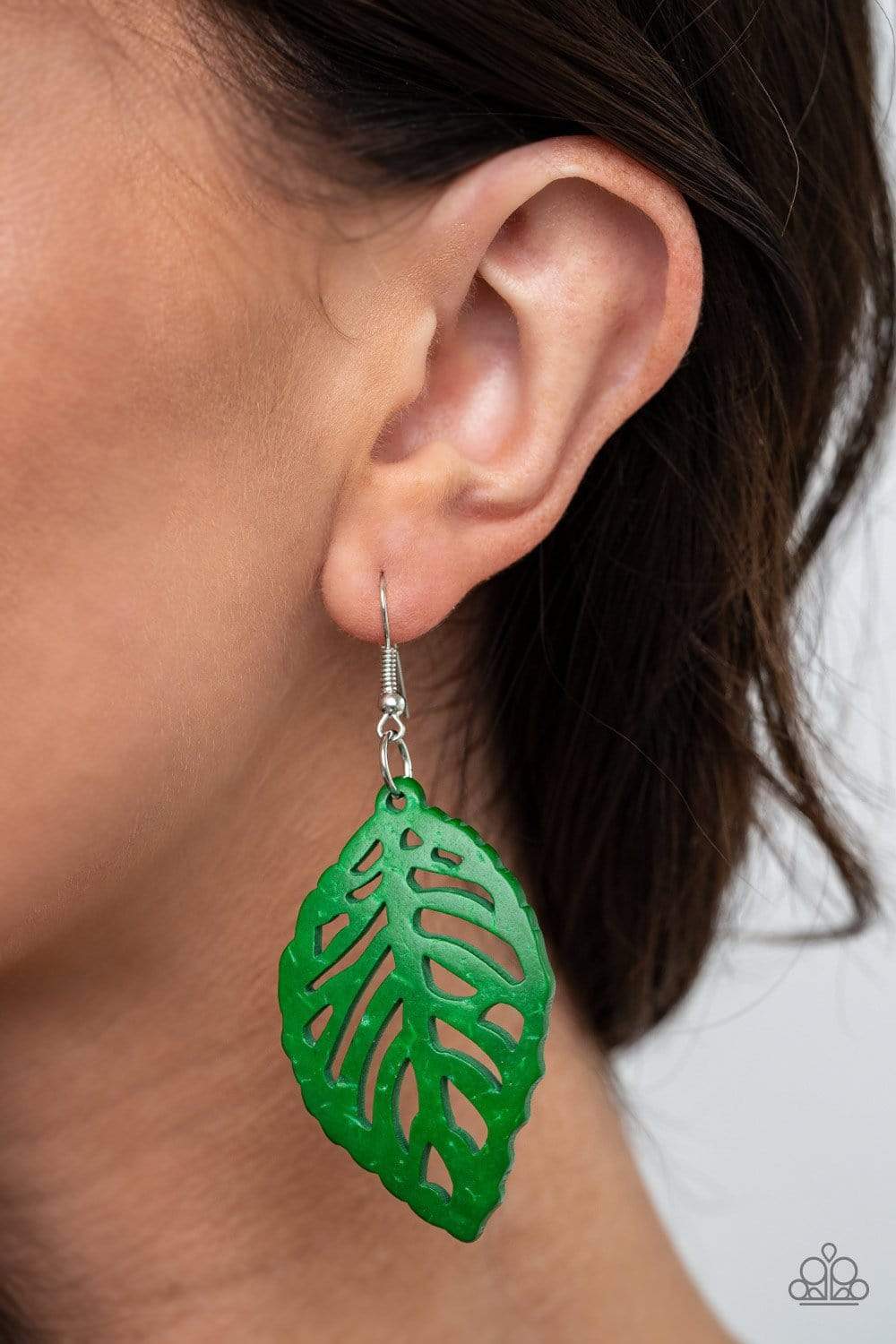 LEAF 'Em Hanging Green Wood Leaf Earrings - Paparazzi Accessories- on model - CarasShop.com - Paparazzi Jewelry by Cara Jewels