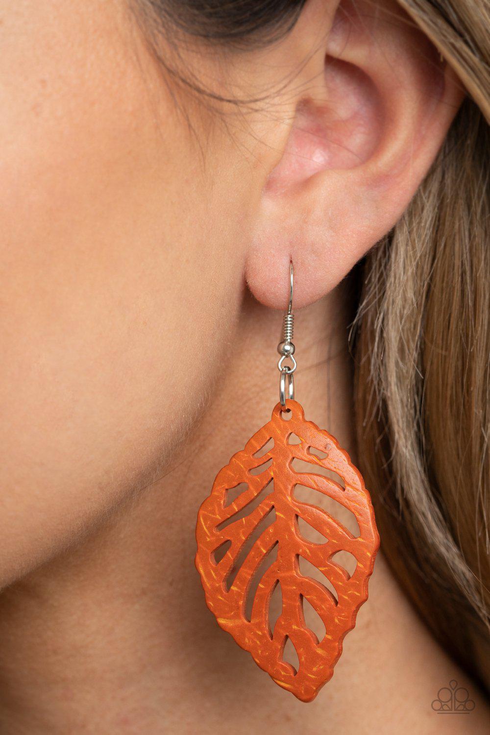 LEAF Em Hanging Orange Wood Leaf Earrings - Paparazzi Accessories- lightbox - CarasShop.com - Paparazzi Jewelry by Cara Jewels