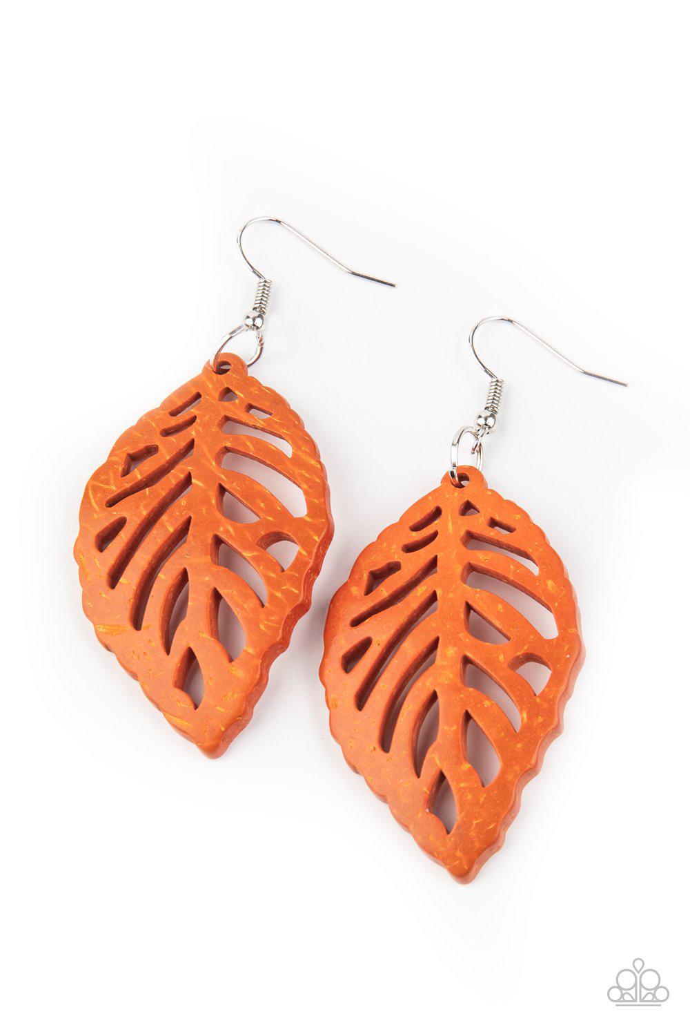 LEAF Em Hanging Orange Wood Leaf Earrings - Paparazzi Accessories- on model - CarasShop.com - Paparazzi Jewelry by Cara Jewels