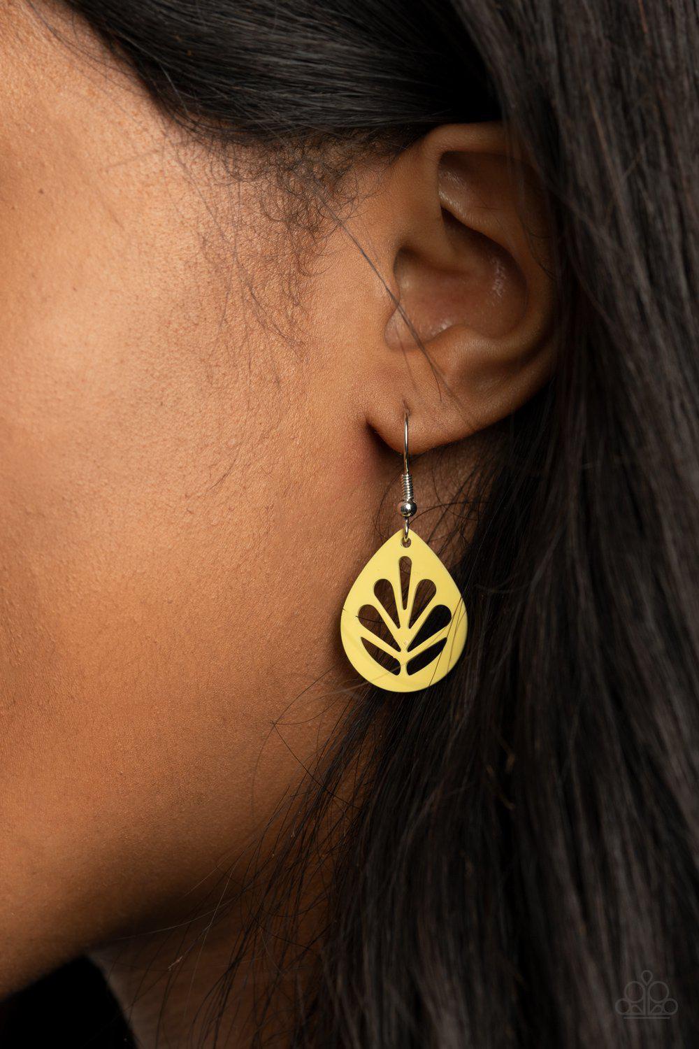 LEAF Yourself Wide Open Yellow Earrings - Paparazzi Accessories- on model - CarasShop.com - Paparazzi Jewelry by Cara Jewels