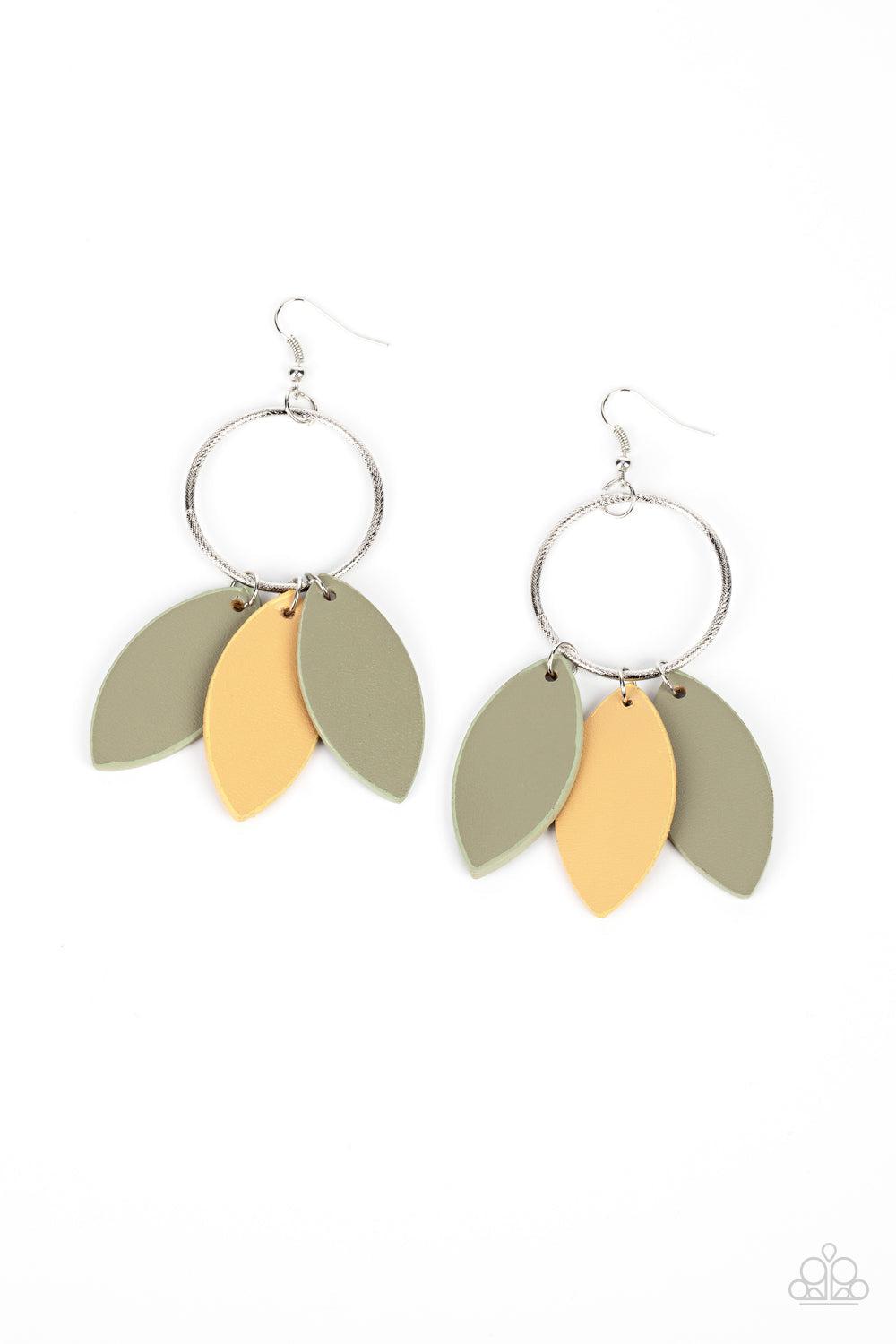 Leafy Laguna Multi Green and Tan Leather Earrings - Paparazzi Accessories- lightbox - CarasShop.com - Paparazzi Jewelry by Cara Jewels