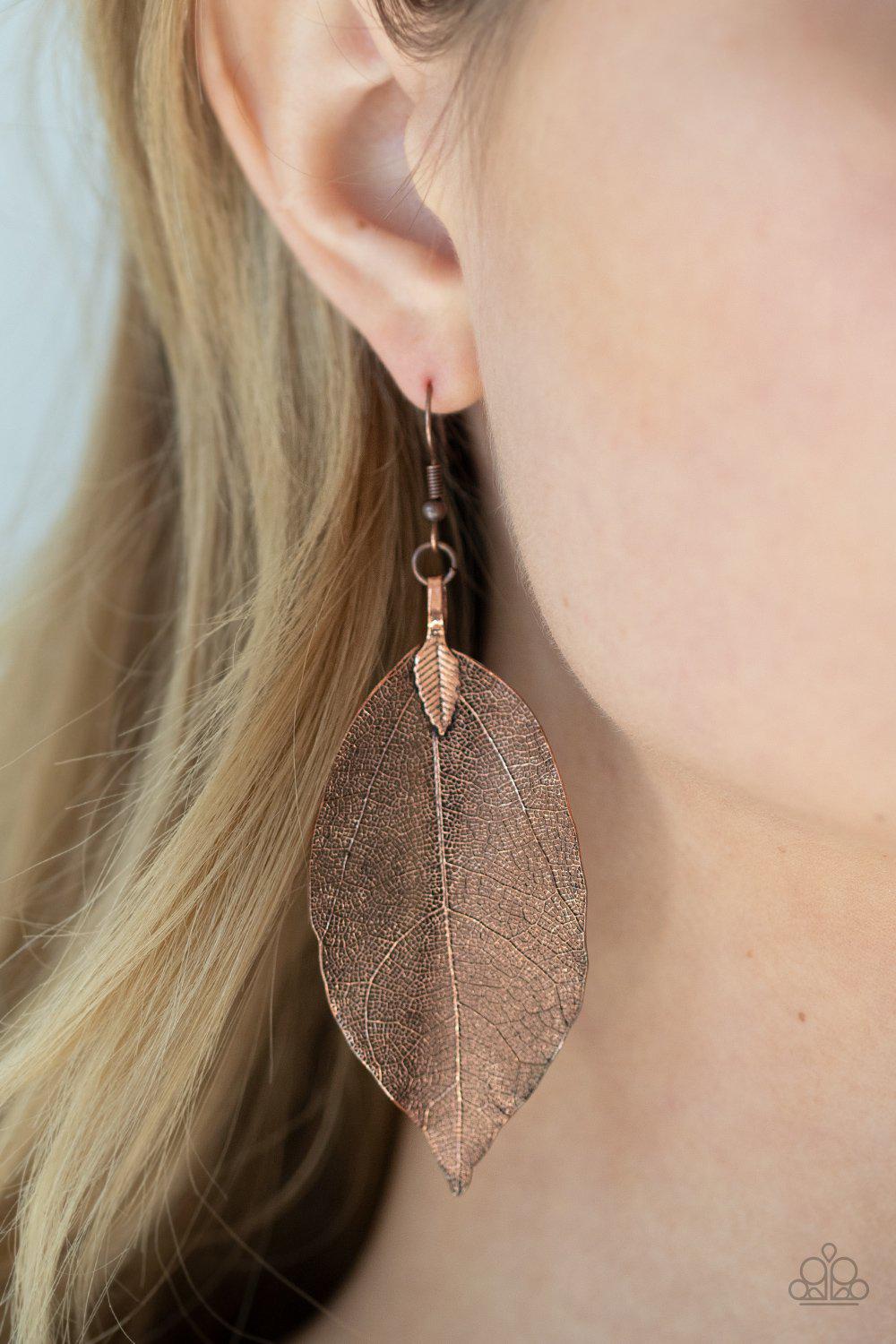 Leafy Legacy Copper Leaf Earrings - Paparazzi Accessories- lightbox - CarasShop.com - Paparazzi Jewelry by Cara Jewels