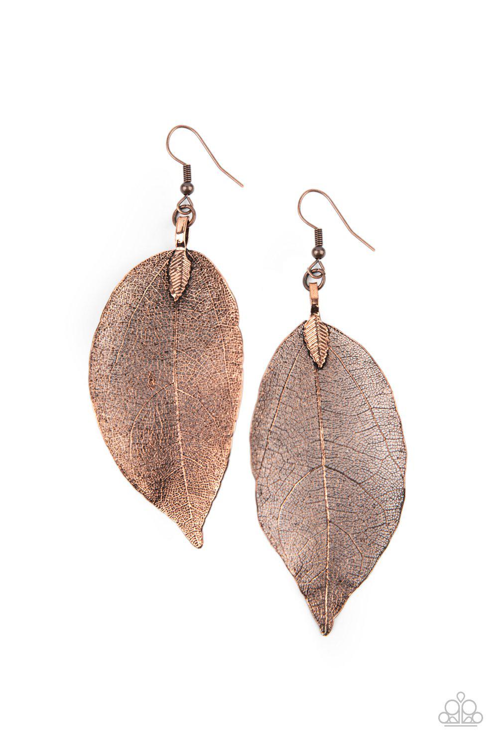 Leafy Legacy Copper Leaf Earrings - Paparazzi Accessories- on model - CarasShop.com - Paparazzi Jewelry by Cara Jewels