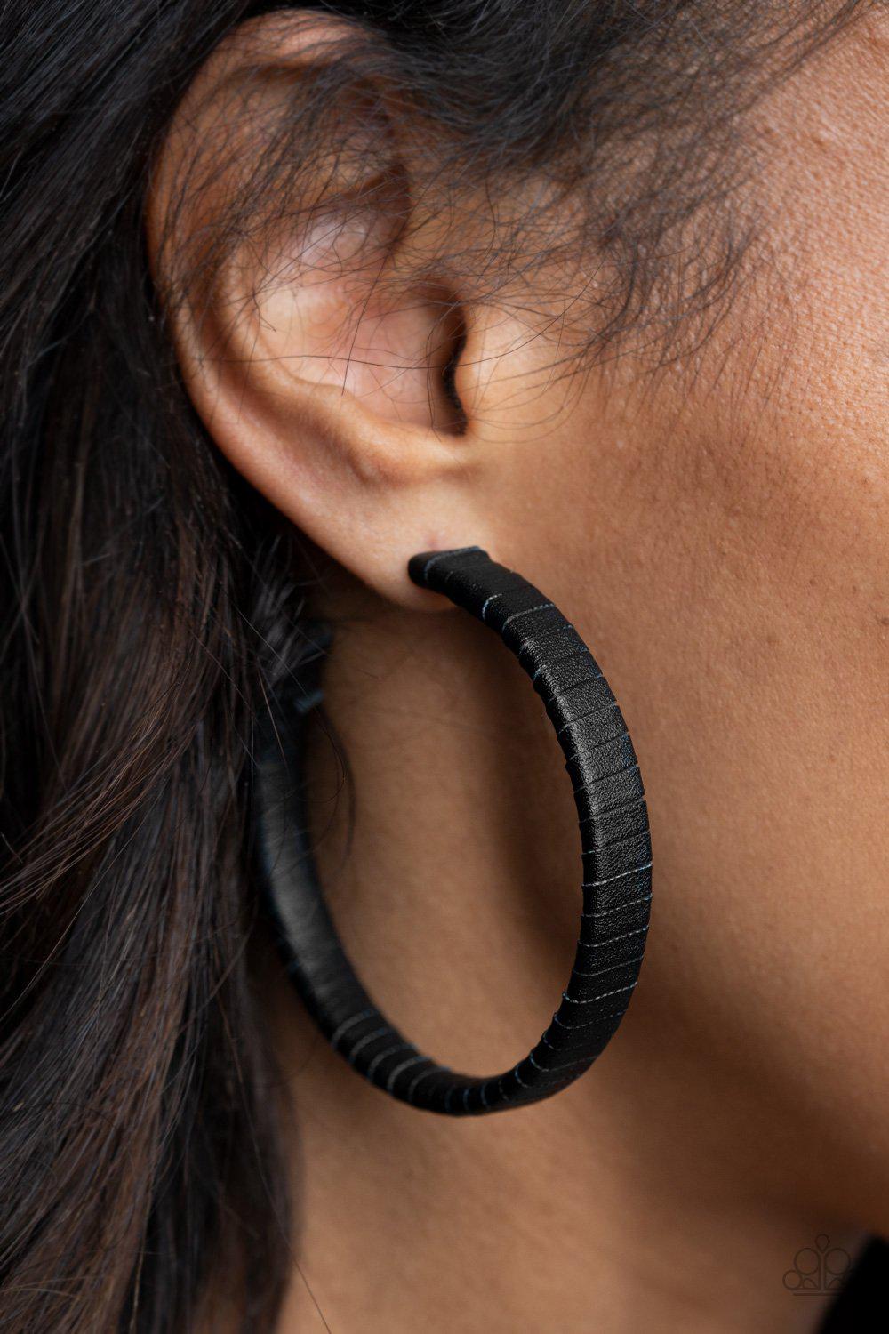 Leather-Clad Legend Black Leather Hoop Earrings - Paparazzi Accessories- lightbox - CarasShop.com - Paparazzi Jewelry by Cara Jewels