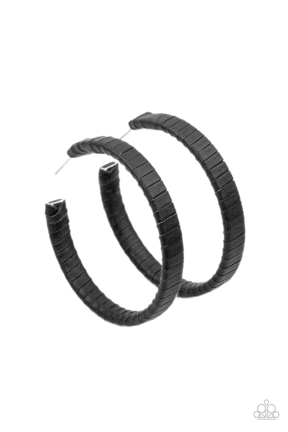 Leather-Clad Legend Black Leather Hoop Earrings - Paparazzi Accessories- on model - CarasShop.com - Paparazzi Jewelry by Cara Jewels