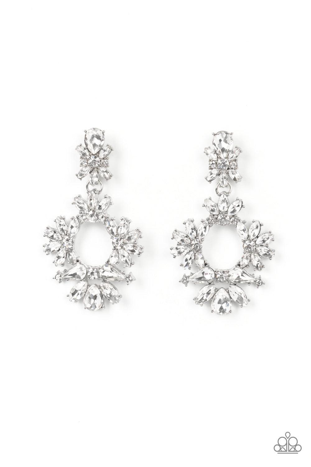 Leave Them Speechless White Rhinestone Earrings - Paparazzi Accessories- lightbox - CarasShop.com - Paparazzi Jewelry by Cara Jewels
