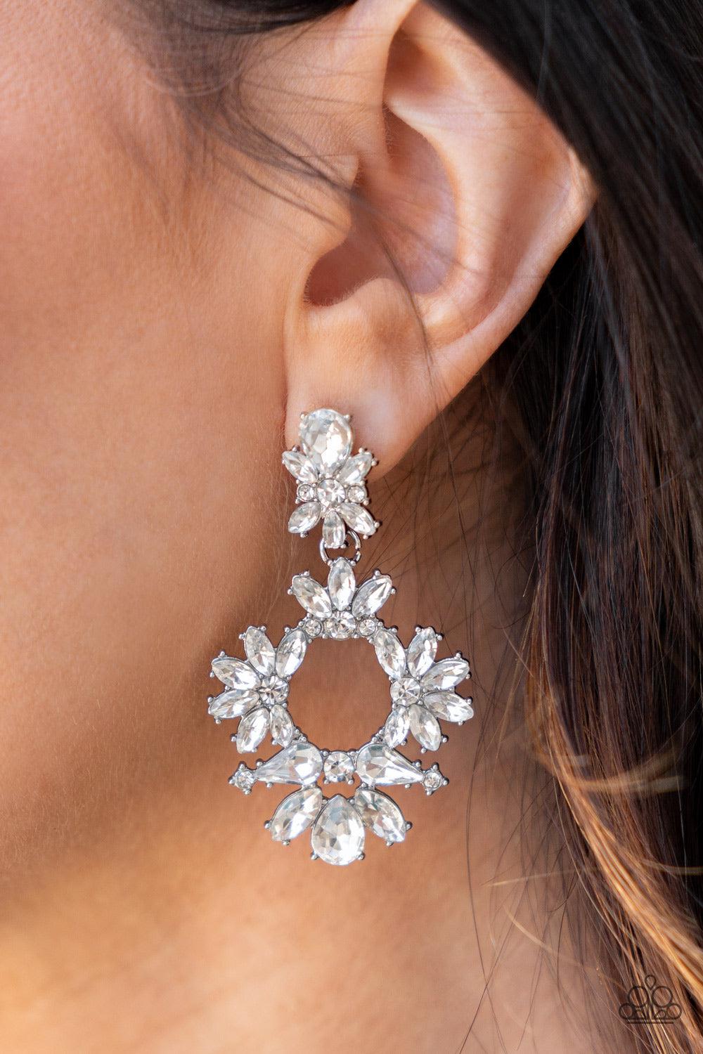Leave Them Speechless White Rhinestone Earrings - Paparazzi Accessories- on model - CarasShop.com - Paparazzi Jewelry by Cara Jewels