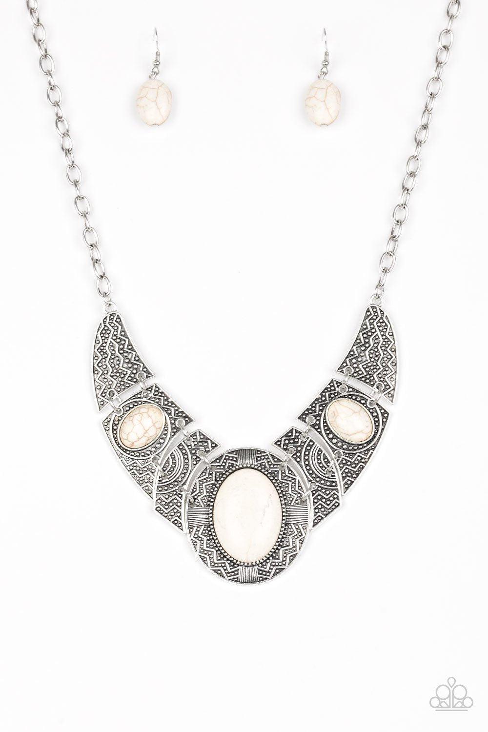 Leave Your Landmark Silver and White Stone Necklace - Paparazzi Accessories - free matching earrings -CarasShop.com - Paparazzi Jewelry by Cara Jewels