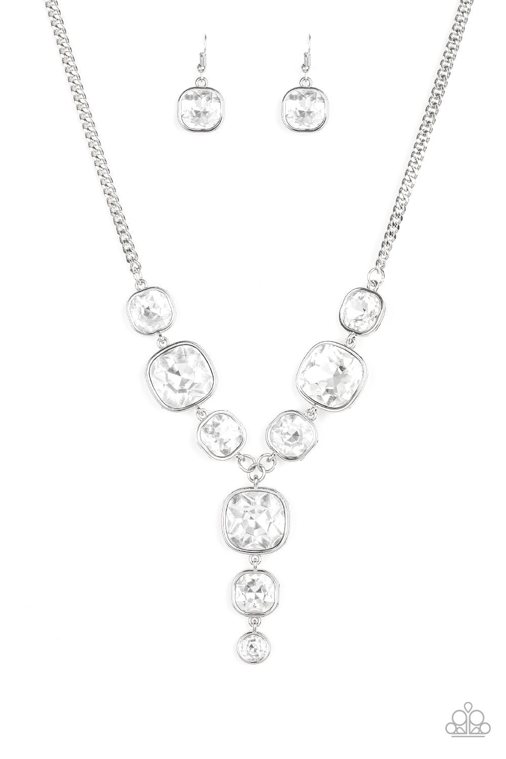 Legendary Luster White Rhinestone Necklace EMP Exclusive - Paparazzi Accessories - free matching earrings -CarasShop.com - Paparazzi Jewelry by Cara Jewels