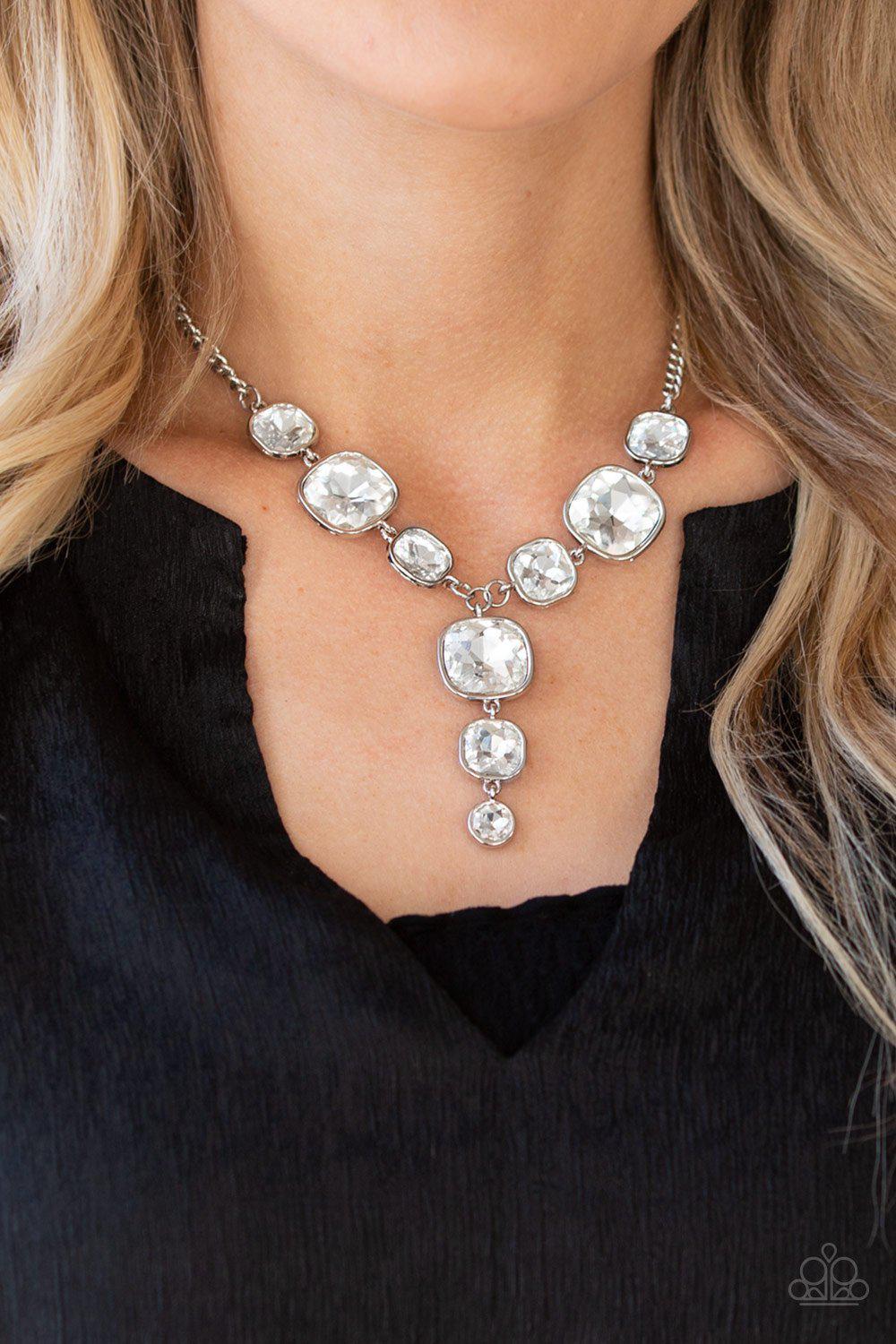 Legendary Luster White Rhinestone Necklace EMP Exclusive - Paparazzi Accessories- lightbox - CarasShop.com - Paparazzi Jewelry by Cara Jewels