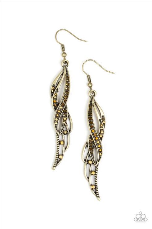 Let Down Your Wings Brass Earrings - Paparazzi Accessories- on model - CarasShop.com - Paparazzi Jewelry by Cara Jewels