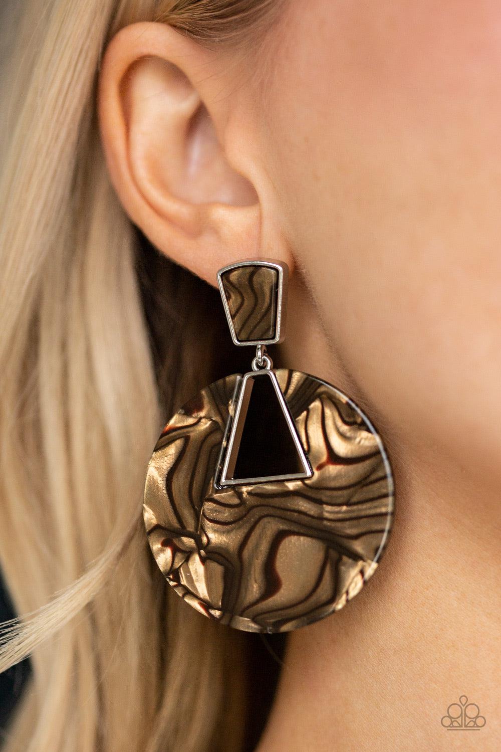 Let HEIR Rip! Brown Acrylic Earrings - Paparazzi Accessories- on model - CarasShop.com - Paparazzi Jewelry by Cara Jewels